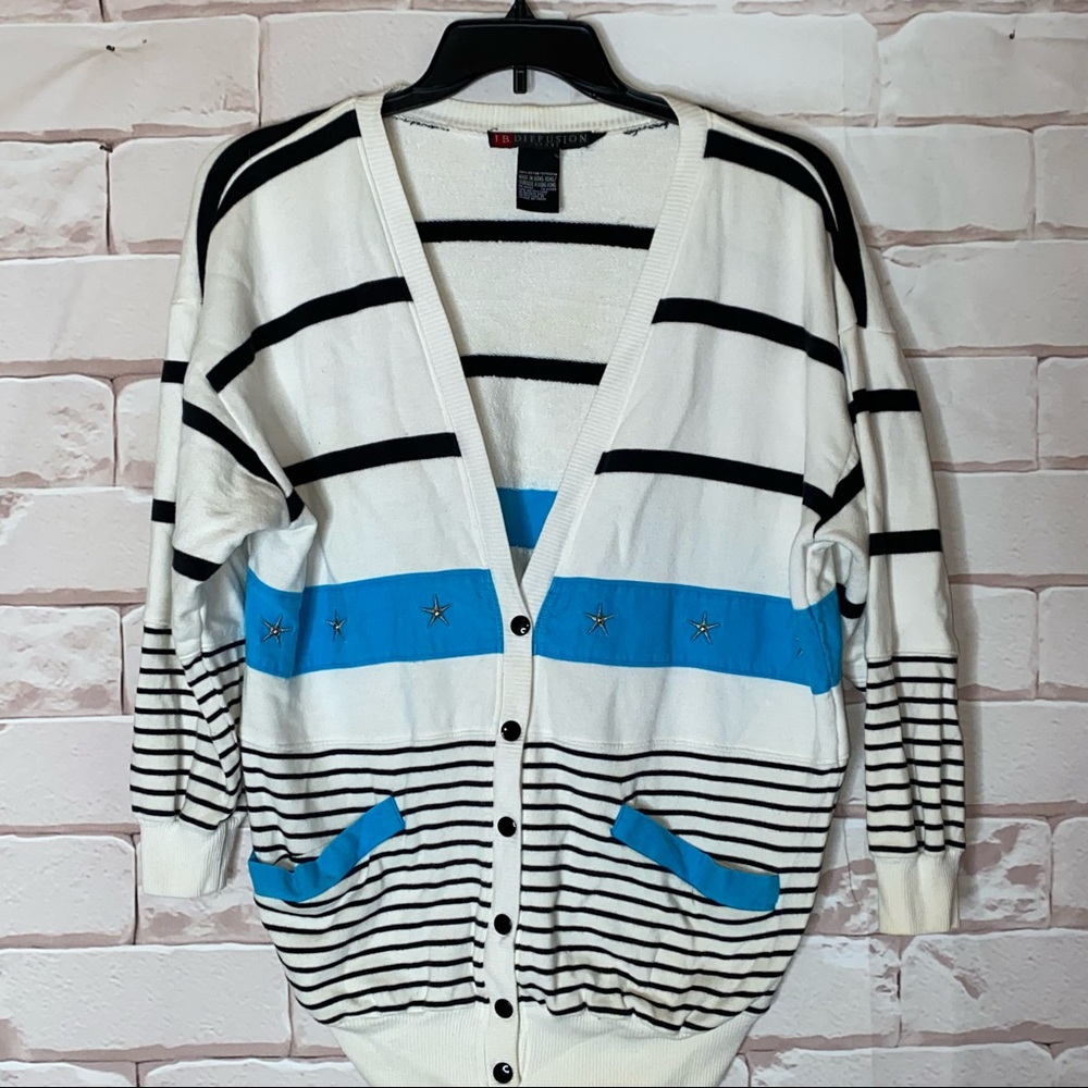 Vintage Cardigan by IB Diffusion Striped Stars Snaps Pockets Size M